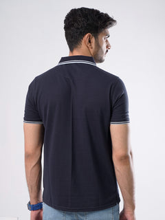 Navy Blue Plain Contrast Tipping Half Sleeves Polo T-Shirt (POLO-804)