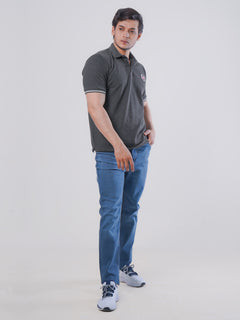 Charcoal Grey Plain Twin Contrast Lycra Elastane Half Sleeves Polo T-Shirt (POLO-454)