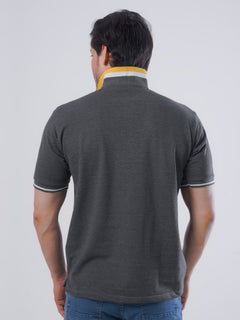 Charcoal Grey Plain Twin Contrast Lycra Elastane Half Sleeves Polo T-Shirt (POLO-454)