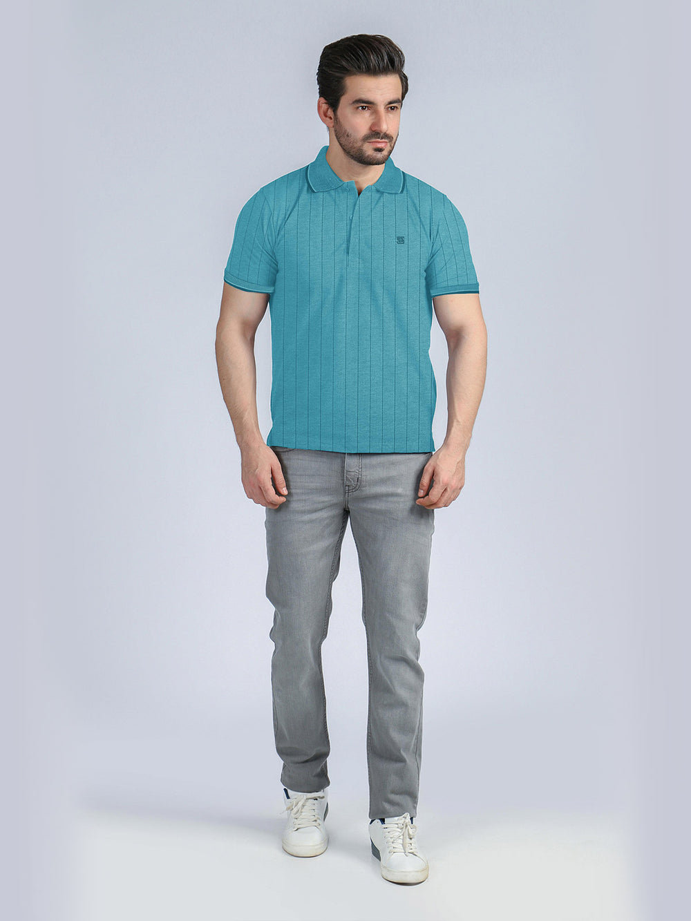 Self Striped Aqua Blue Polo Shirt (POLO-232)