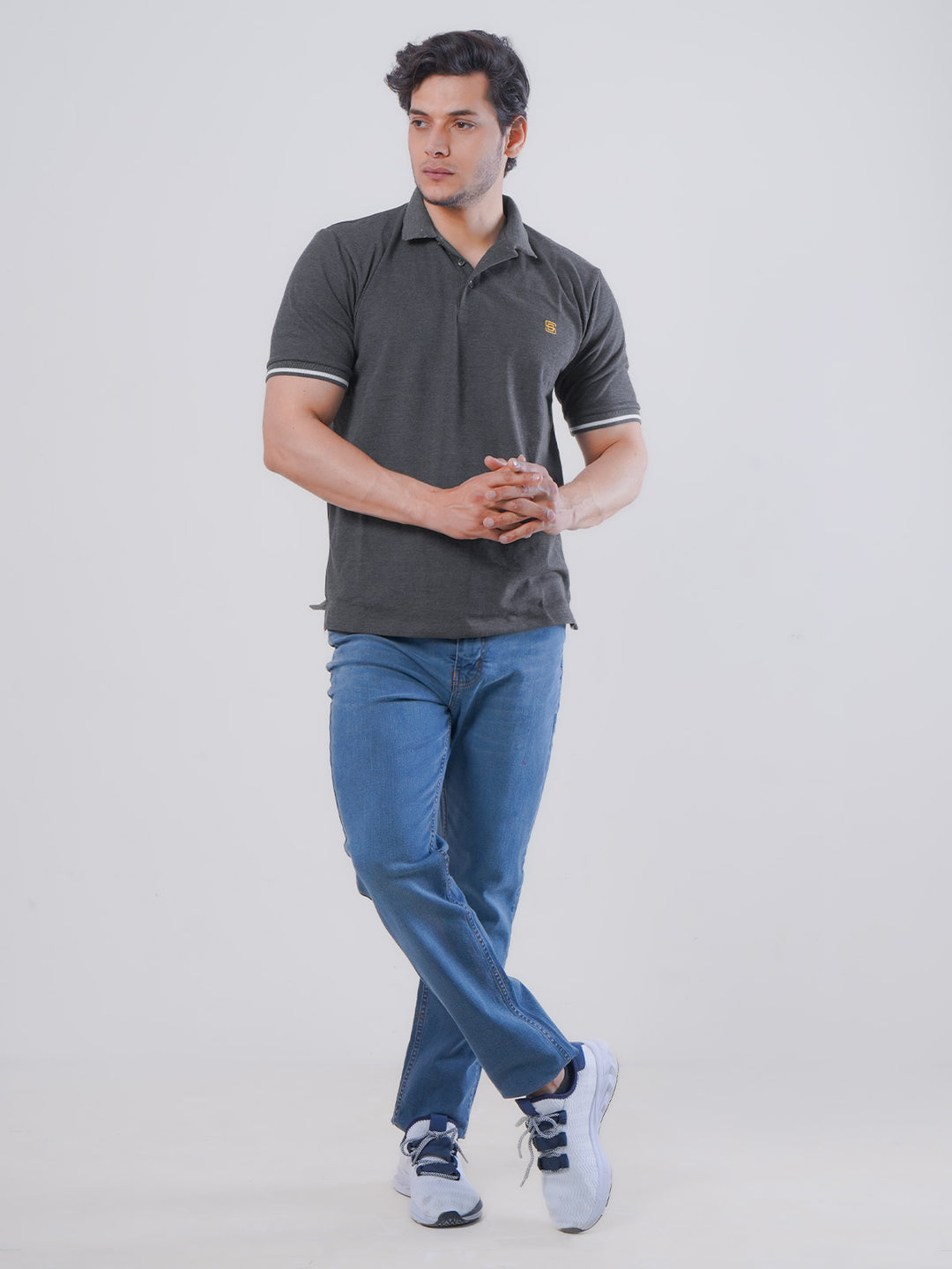 Charcoal Grey Plain Twin Contrast Lycra Elastane Half Sleeves Polo T-Shirt (POLO-468)