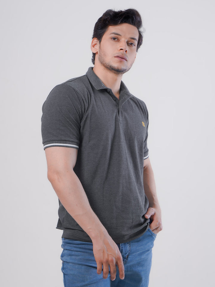 Charcoal Grey Plain Twin Contrast Lycra Elastane Half Sleeves Polo T-Shirt (POLO-468)