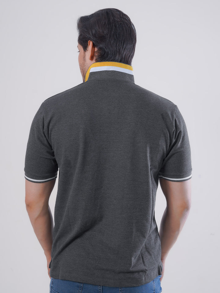 Charcoal Grey Plain Twin Contrast Lycra Elastane Half Sleeves Polo T-Shirt (POLO-468)