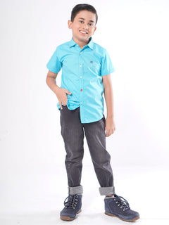 Aqua Blue Self Half Sleeves Boys Casual Shirt (BCS-25)