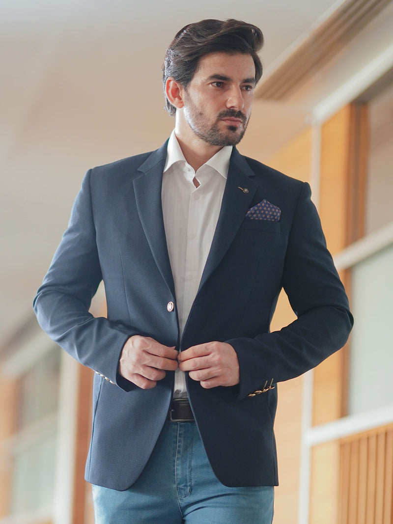 Navy Blue Self Single-Breasted Tailored Men’s Blazer (BMF-002)