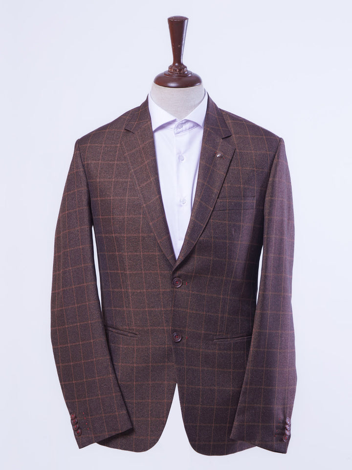 Maroon Self Checked Single-Breasted Tailored Men’s Blazer (BMF-025)