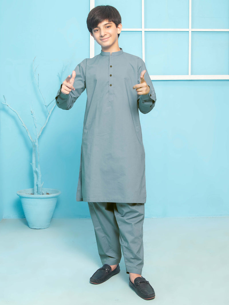 Sea Green Plain Ban Collar Boys Shalwar Kameez (BSK-17)