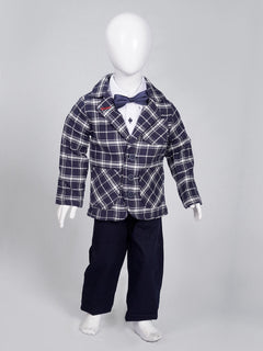 Navy Blue Self Check Boys Suit for Kids 4 Piece Set Complete Suit (BST5-13)