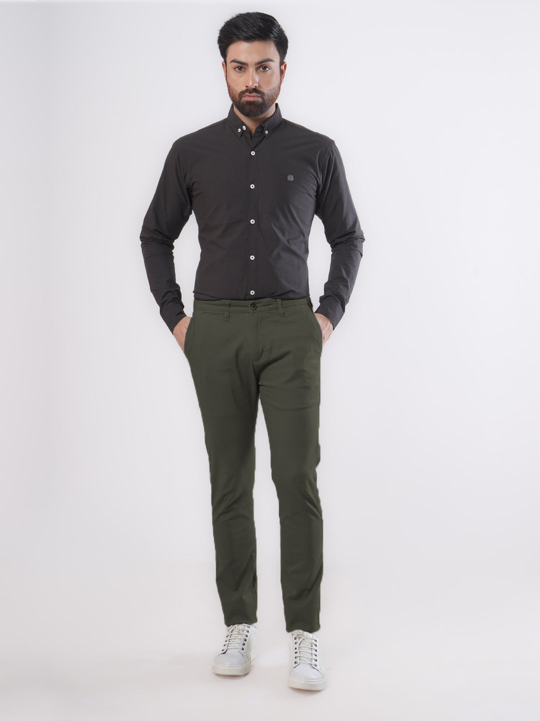 Dark Olive Green Plain Cotton Chino Pant-28