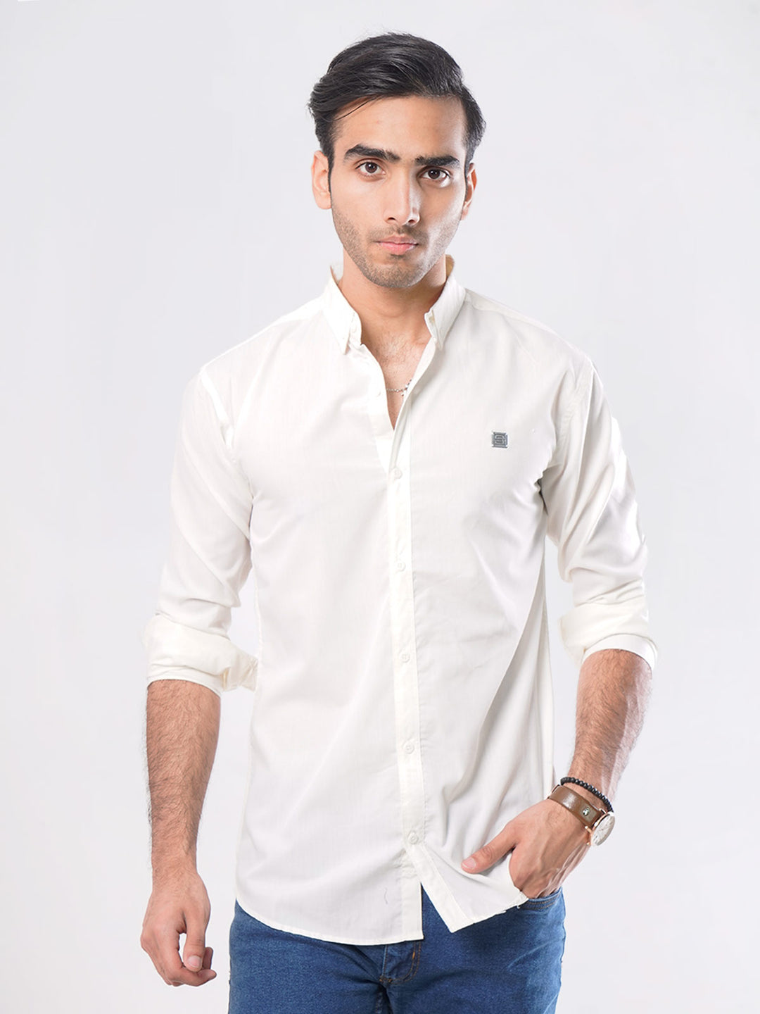 Cream Plain Button Down Casual Shirt (CSB-004)