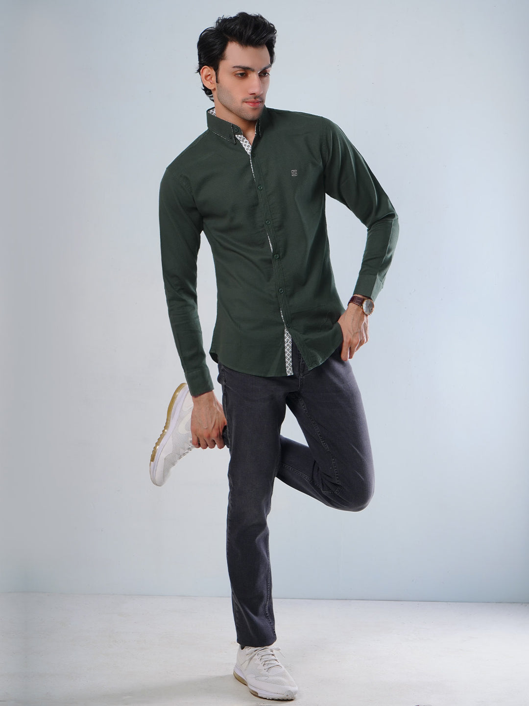 Dark Green Self Button Down Casual Shirt (CSB-109)