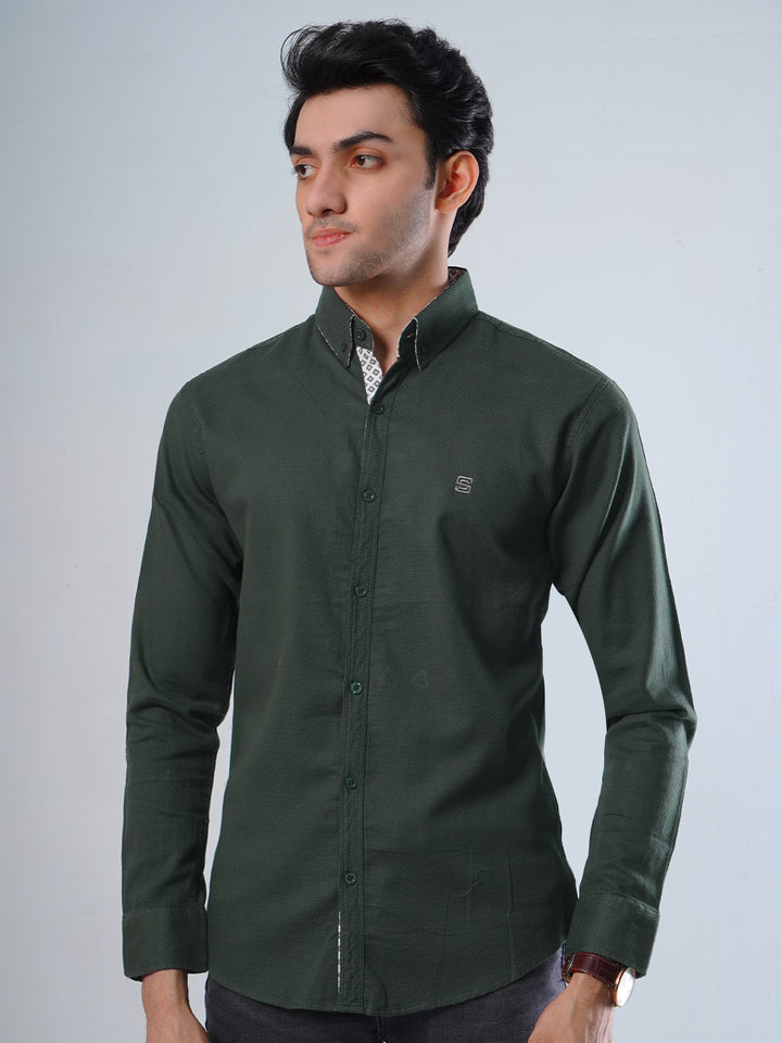 Dark Green Self Button Down Casual Shirt (CSB-109)