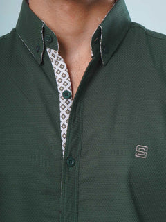 Dark Green Self Button Down Casual Shirt (CSB-109)