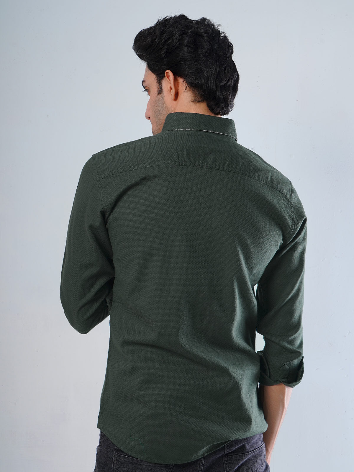 Dark Green Self Button Down Casual Shirt (CSB-109)