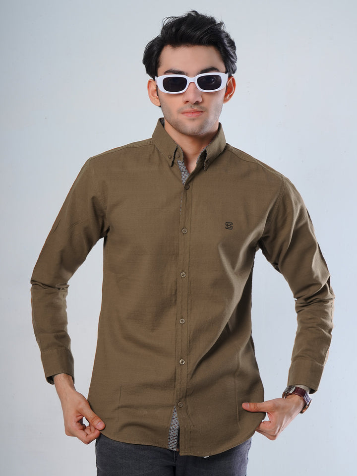 Brown Self Button Down Casual Shirt (CSB-110)