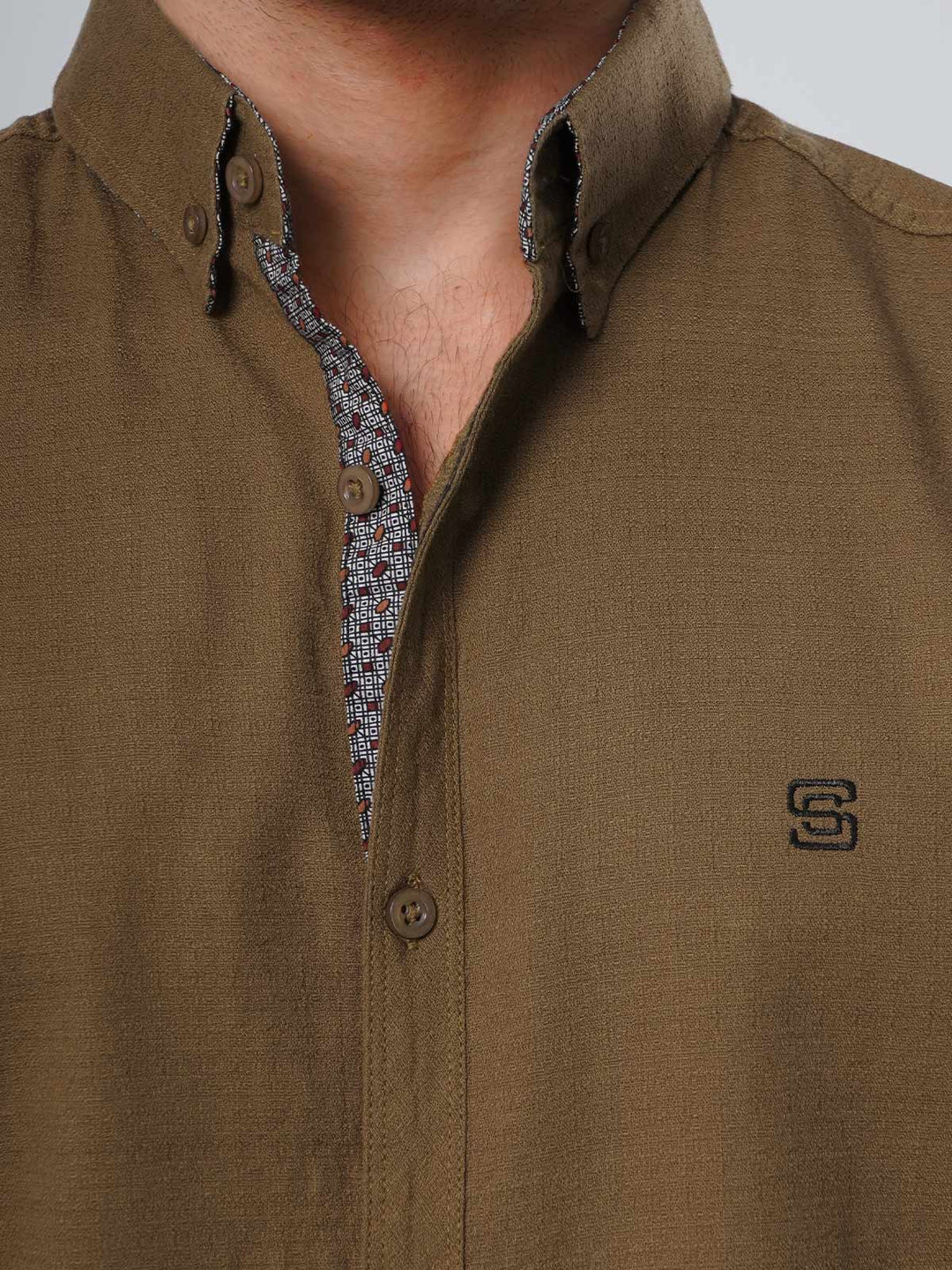 Brown Self Button Down Casual Shirt (CSB-110)