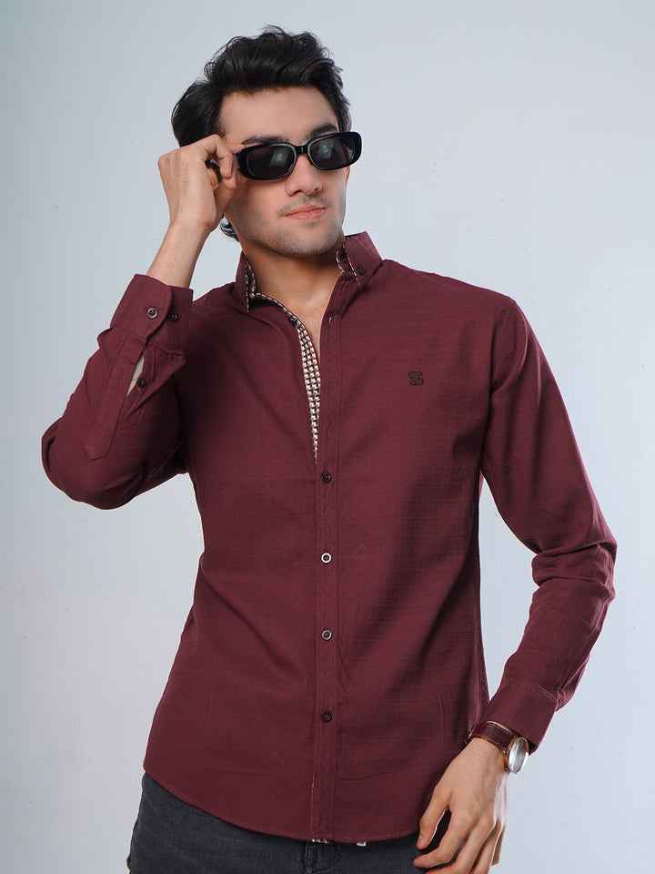 Maroon Self Button Down Casual Shirt (CSB-111)