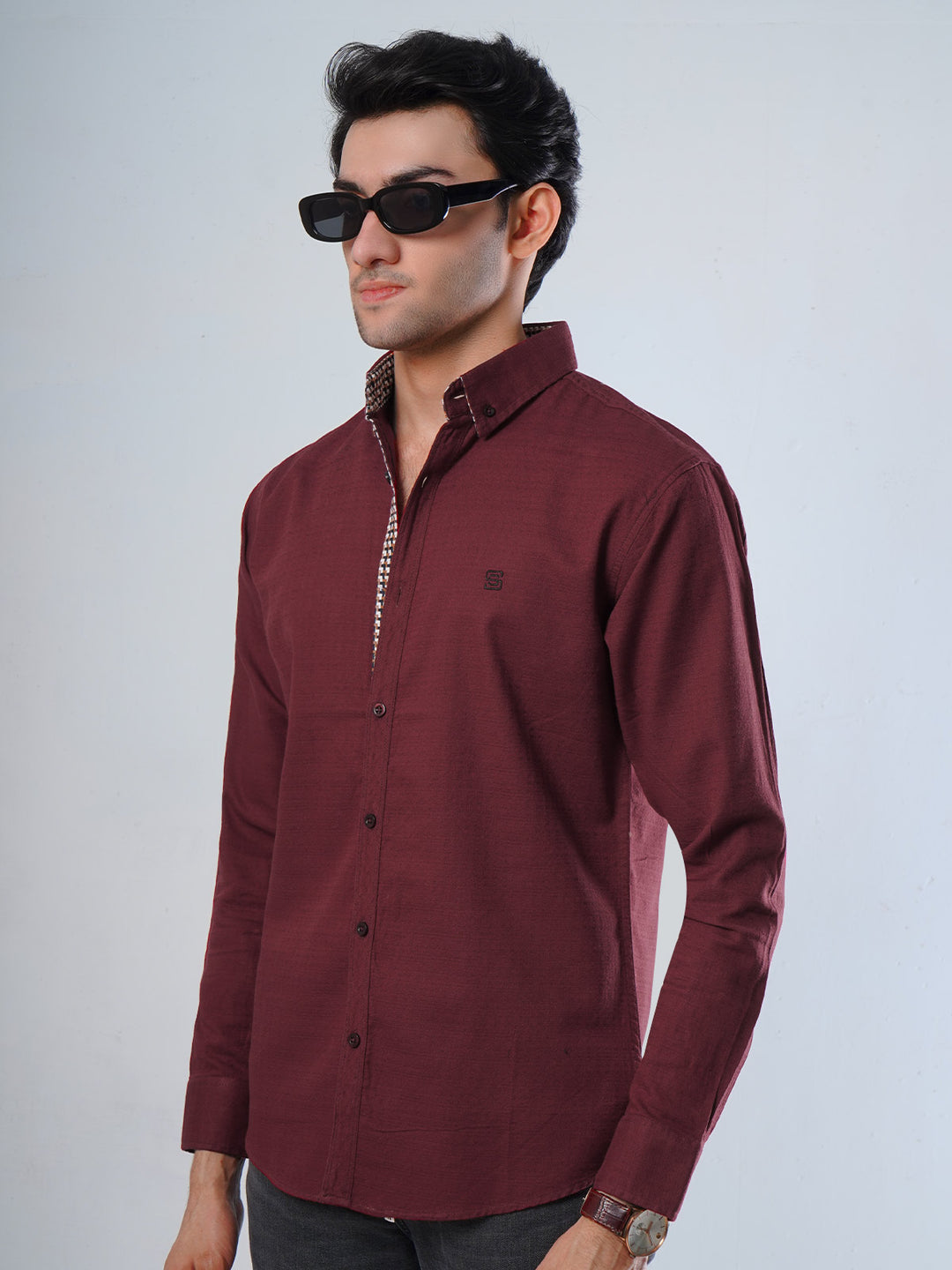 Maroon Self Button Down Casual Shirt (CSB-111)