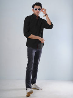 Black Self Button Down Casual Shirt (CSB-113)