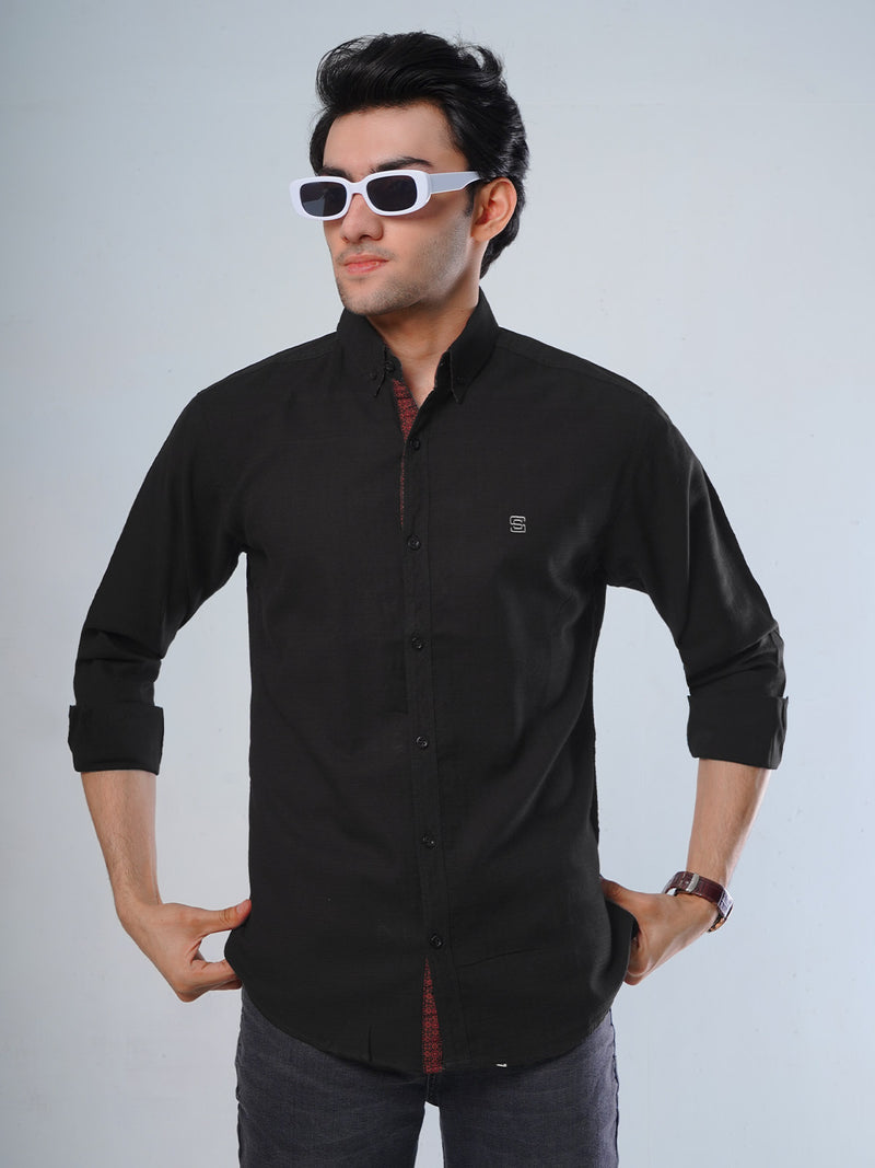 Black Self Button Down Casual Shirt (CSB-113)