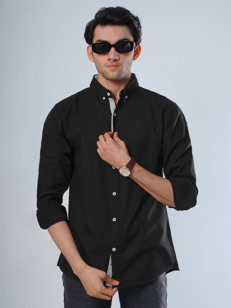 Black Self Button Down Casual Shirt (CSB-114)