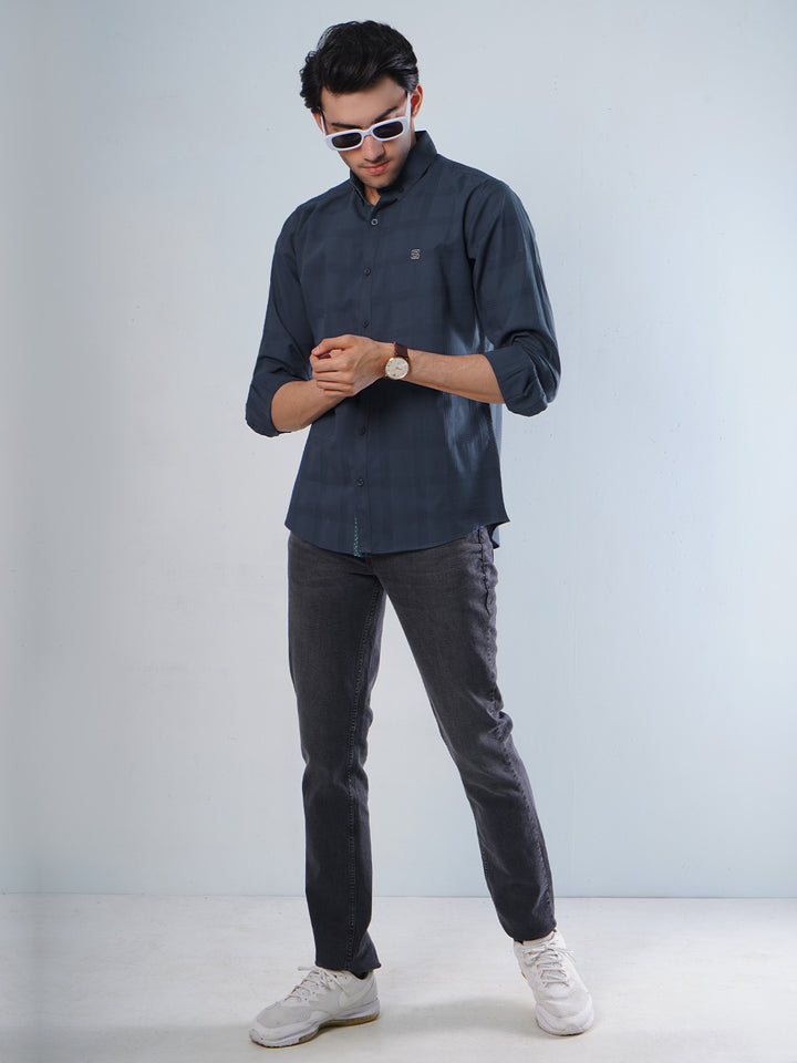 Dark Blue Textured Button Down Casual Shirt (CSB-115)