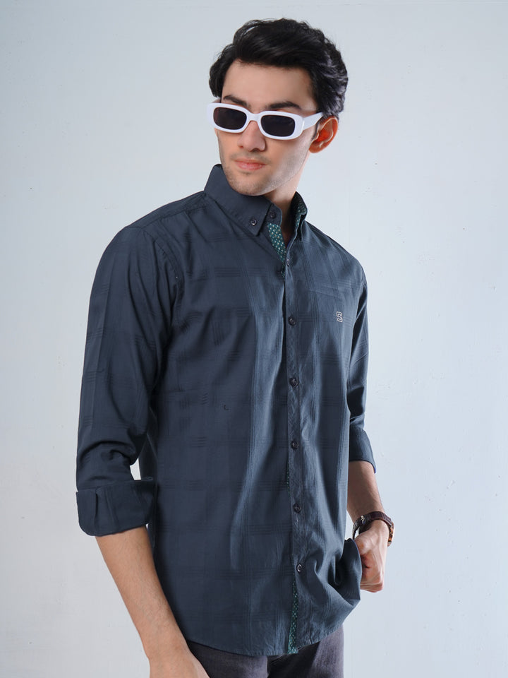 Dark Blue Textured Button Down Casual Shirt (CSB-115)