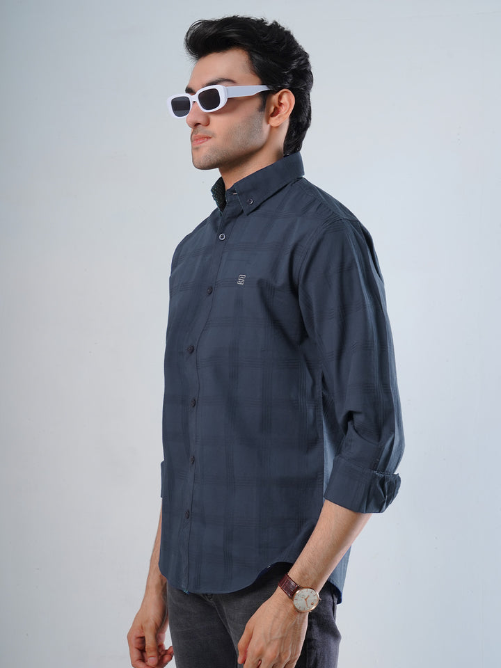 Dark Blue Textured Button Down Casual Shirt (CSB-115)