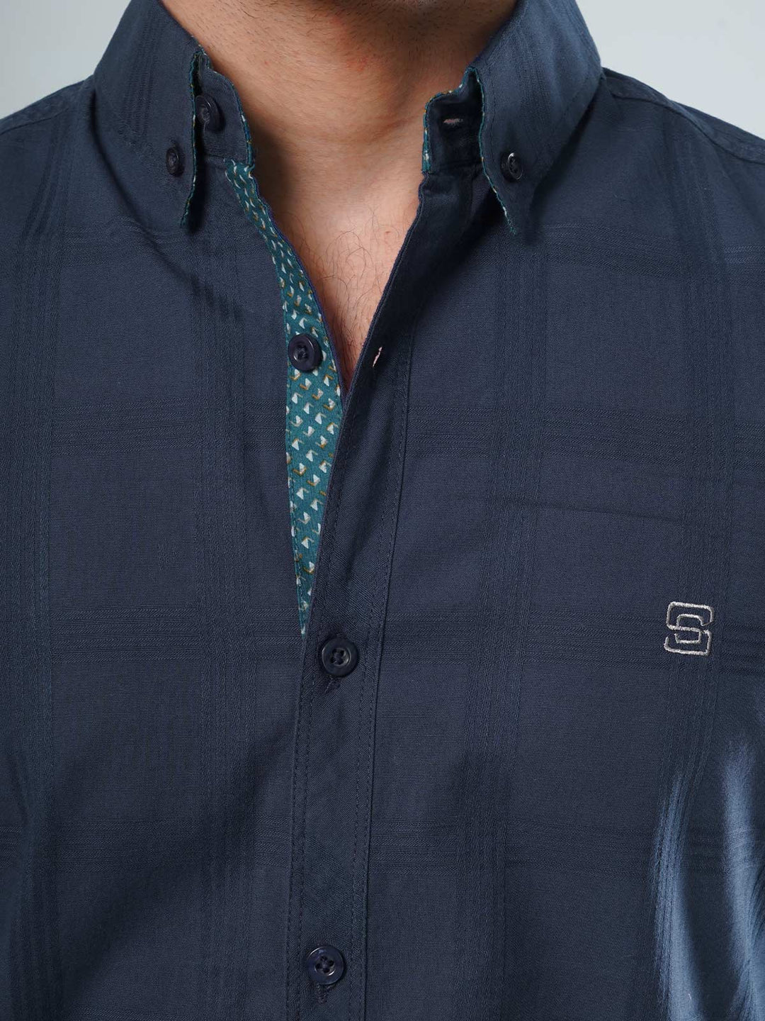 Dark Blue Textured Button Down Casual Shirt (CSB-115)