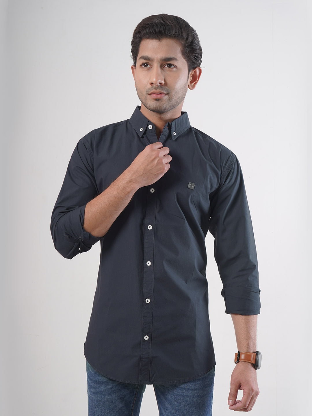 Navy Blue Plain Button Down Casual Shirt (CSB-54)