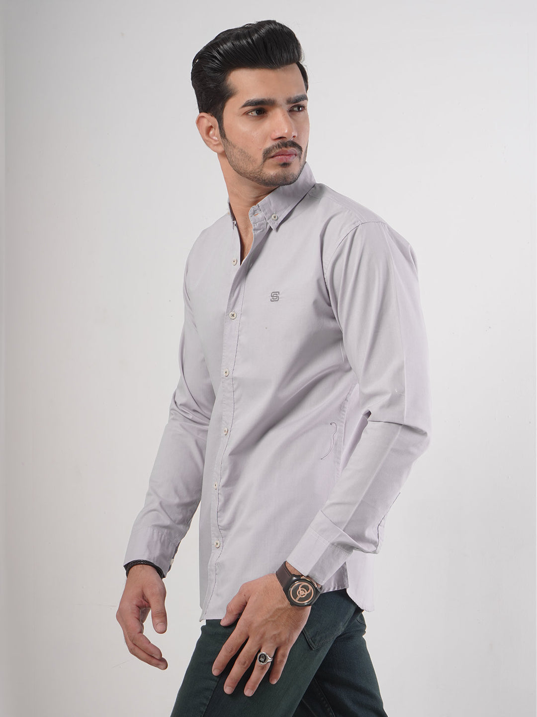 Light Grey Plain Button Down Casual Shirt (CSB-59)