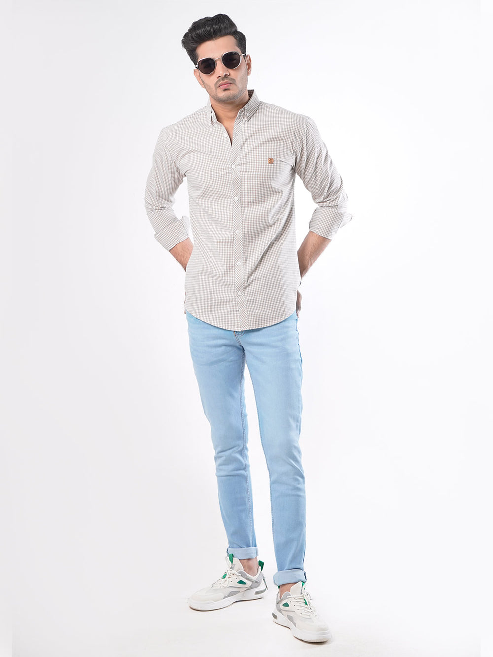 Light Brown Micro Check Button Down Casual Shirt (CSC-021)