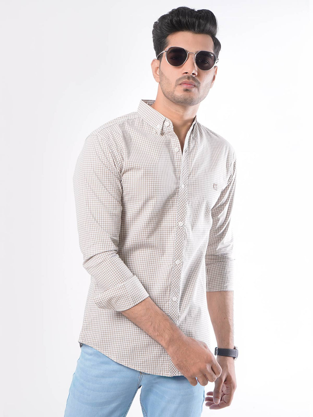 Light Brown Micro Check Button Down Casual Shirt (CSC-021)