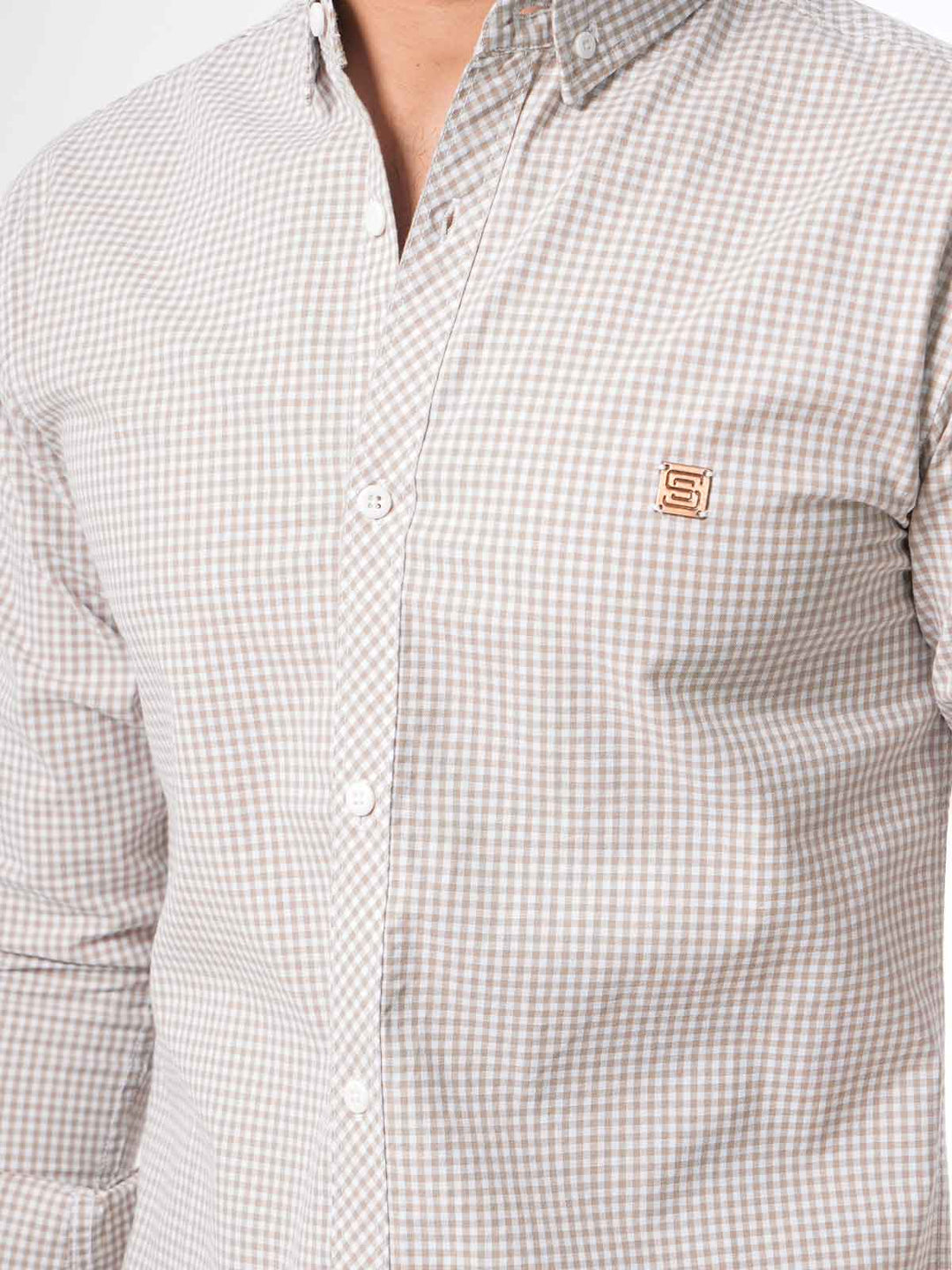 Light Brown Micro Check Button Down Casual Shirt (CSC-021)