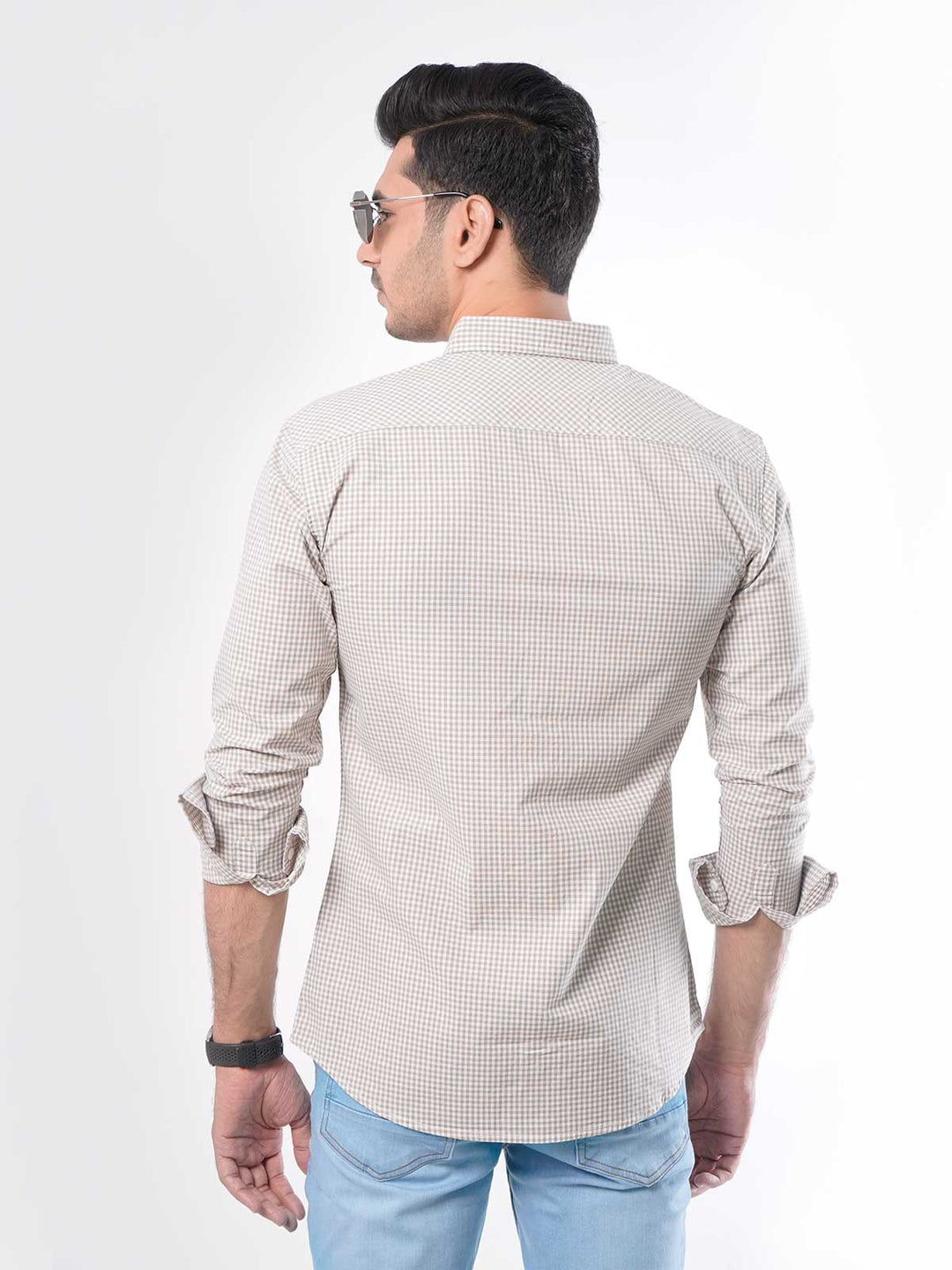 Light Brown Micro Check Button Down Casual Shirt (CSC-021)