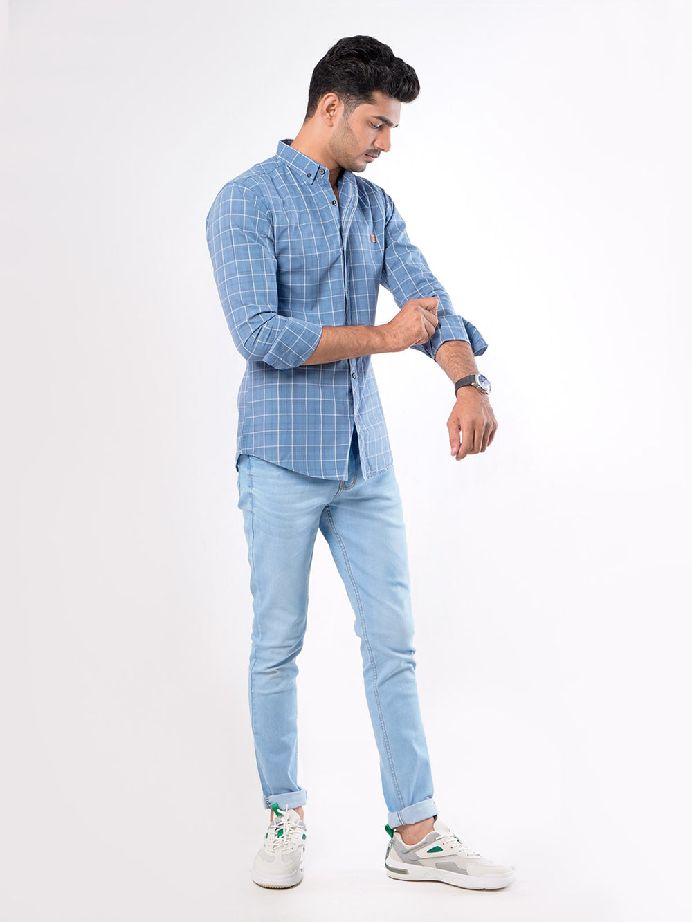 Greyish Blue Check Button Down Casual Shirt (CSC-024)