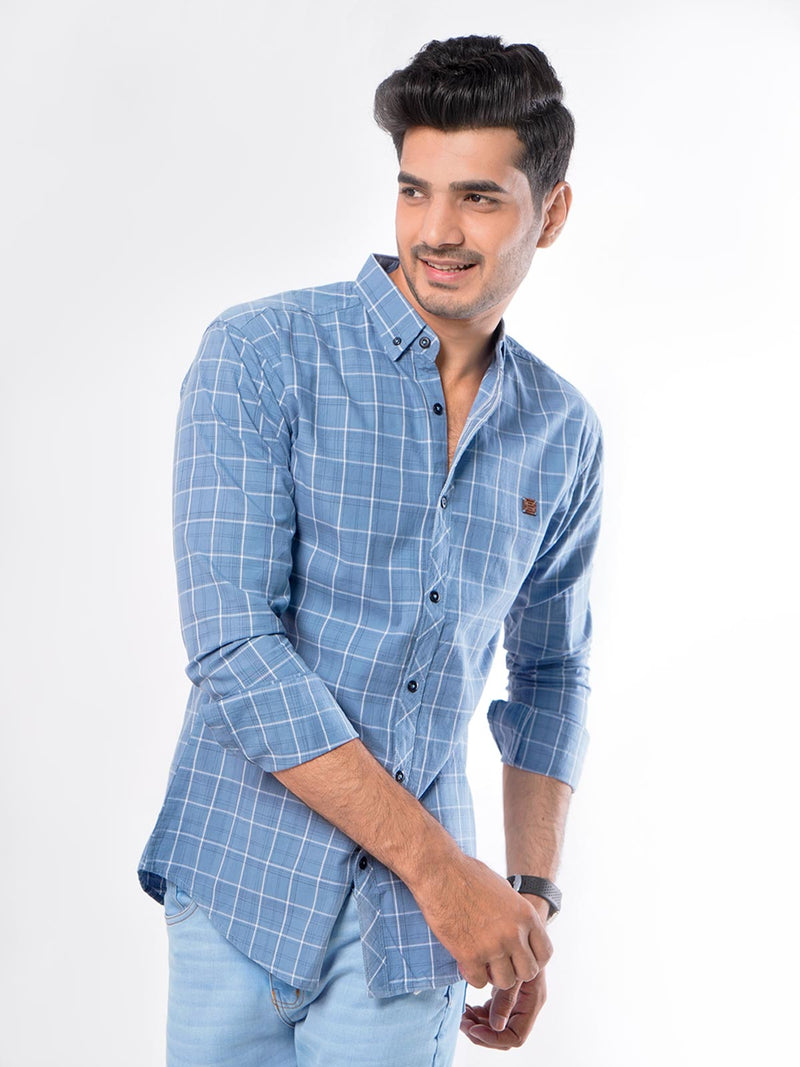 Greyish Blue Check Button Down Casual Shirt (CSC-024)