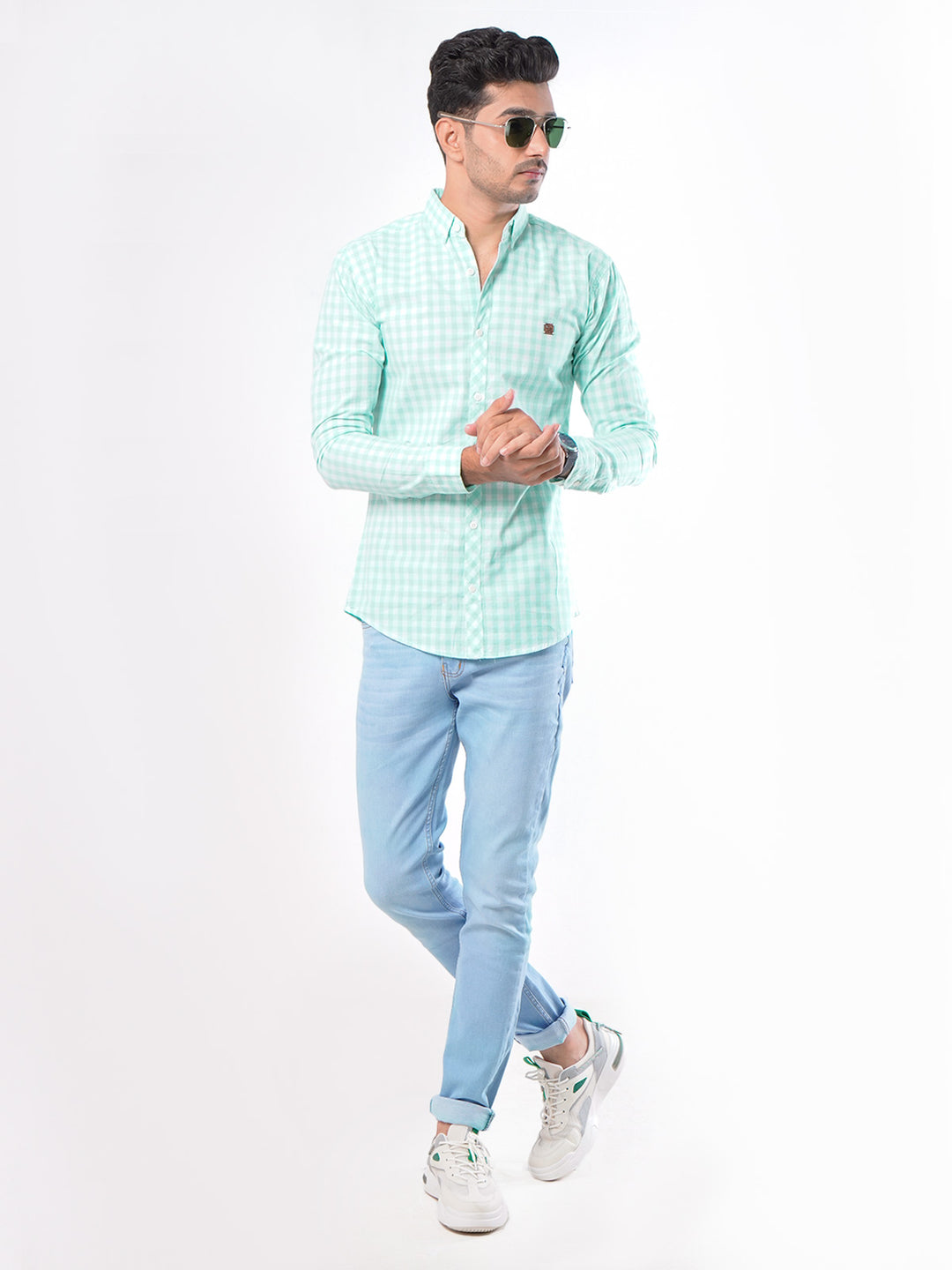 Light Green & White Check Button Down Casual Shirt (CSC-026)