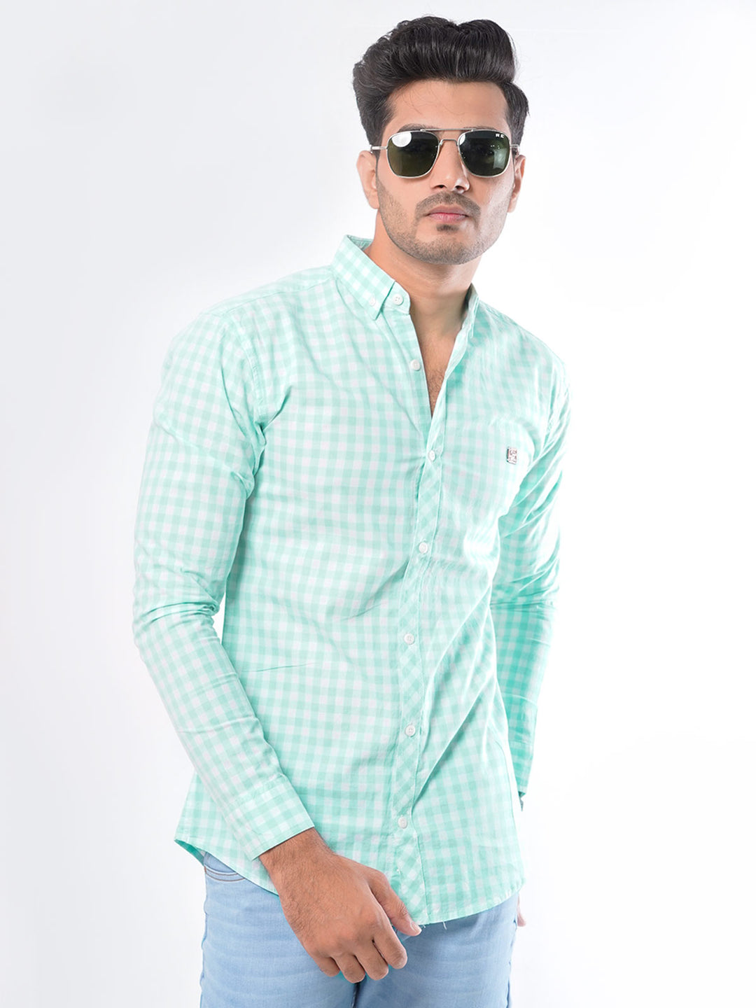 Light Green & White Check Button Down Casual Shirt (CSC-026)