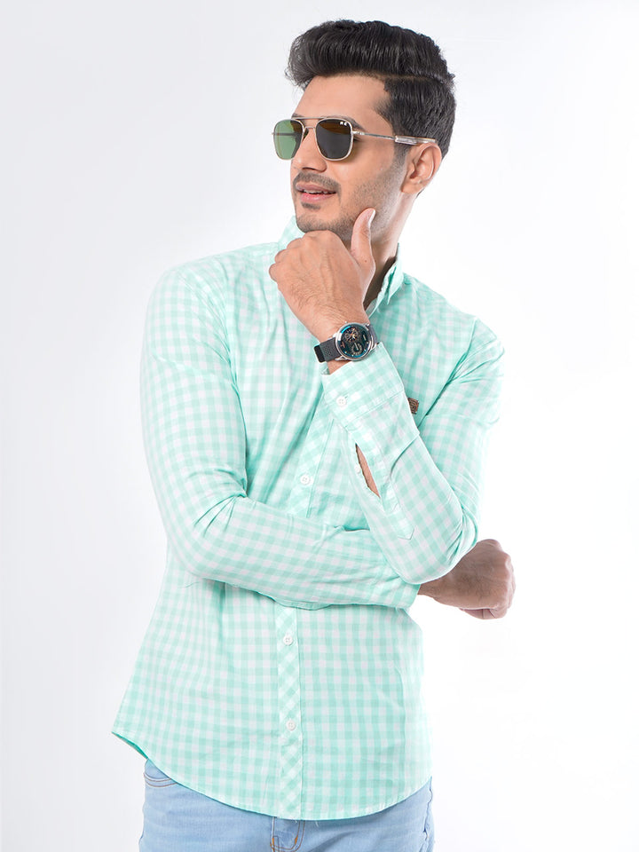 Light Green & White Check Button Down Casual Shirt (CSC-026)