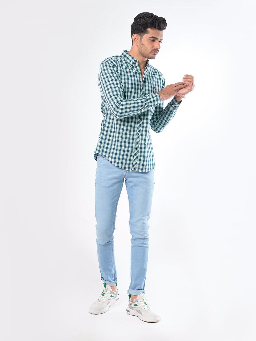 Blue & Light Green Check Button Down Casual Shirt (CSC-032)