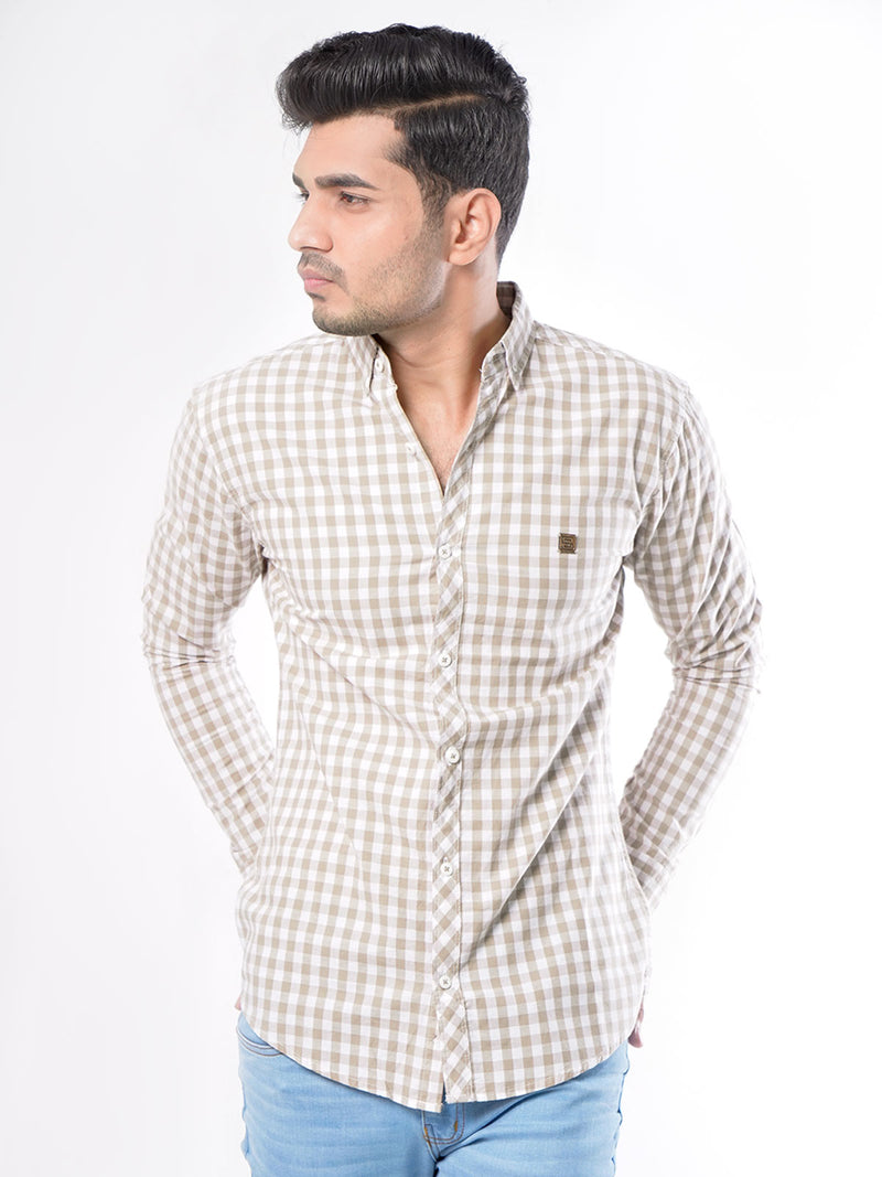 Light Brown & White Check Button Down Casual Shirt (CSC-033)