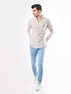 Light Brown & White Check Button Down Casual Shirt (CSC-033)