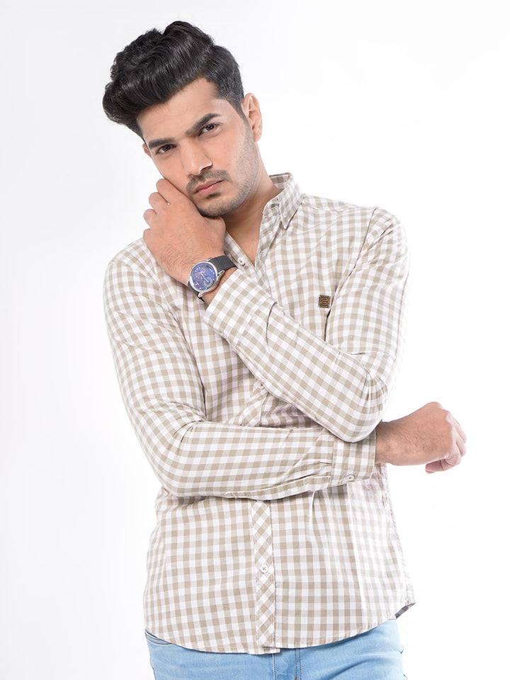 Light Brown & White Check Button Down Casual Shirt (CSC-033)