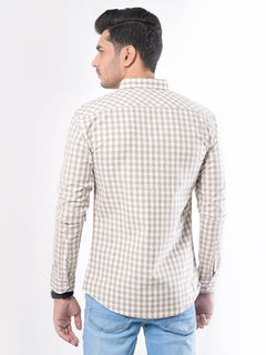 Light Brown & White Check Button Down Casual Shirt (CSC-033)