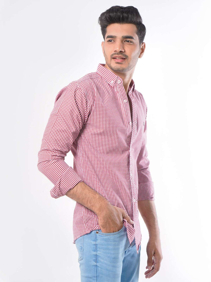 Maroon Micro Check Button Down Casual Shirt (CSC-034)