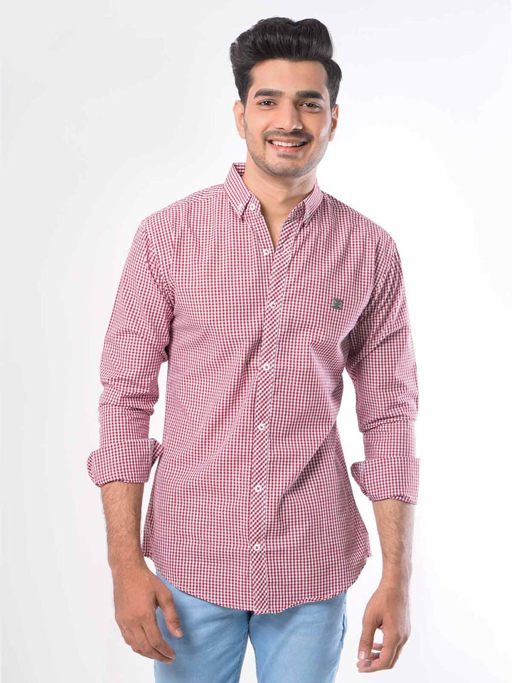 Maroon Micro Check Button Down Casual Shirt (CSC-034)