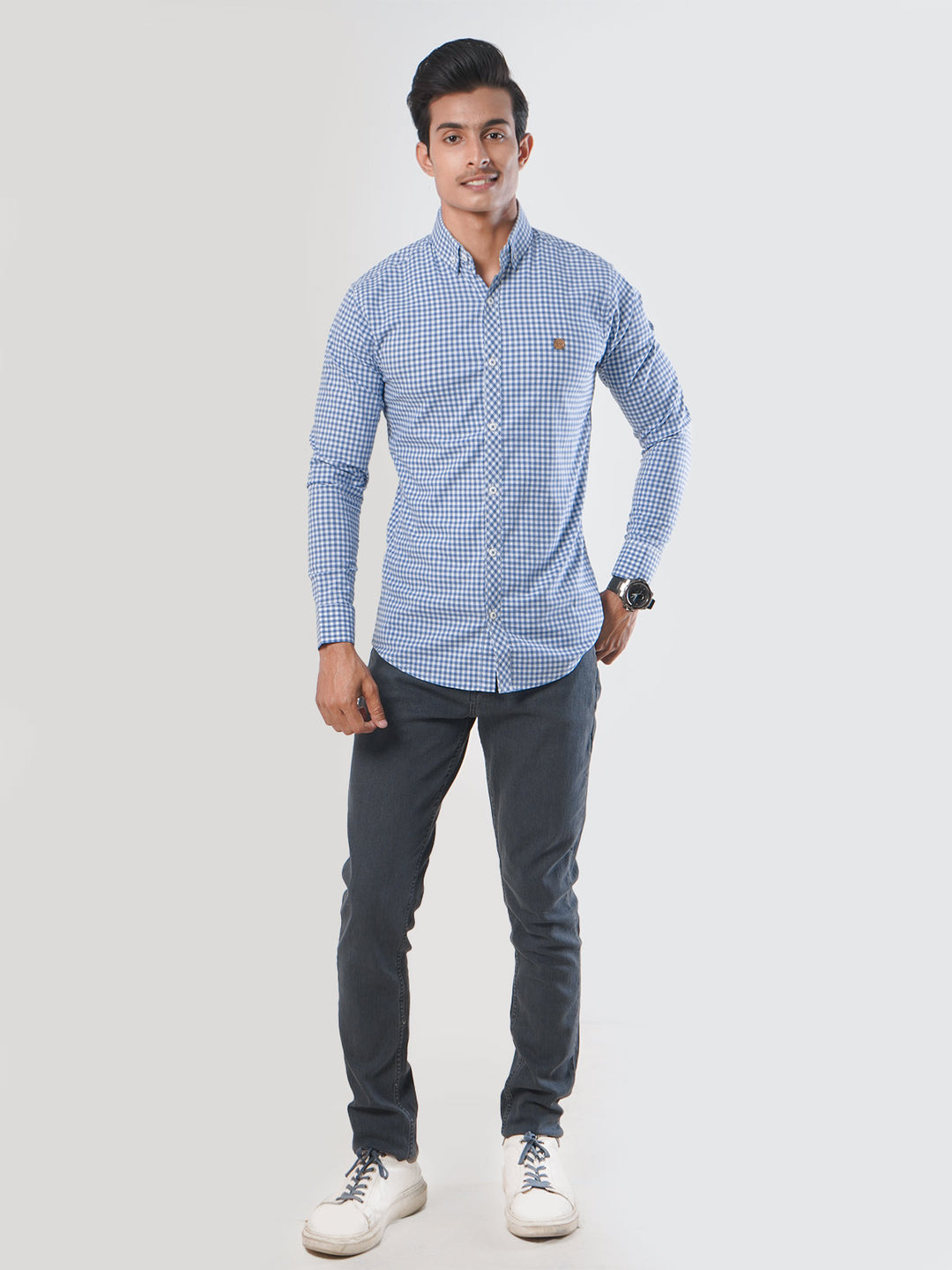 Blue & White Check Button Down Casual Shirt (CSC-036)