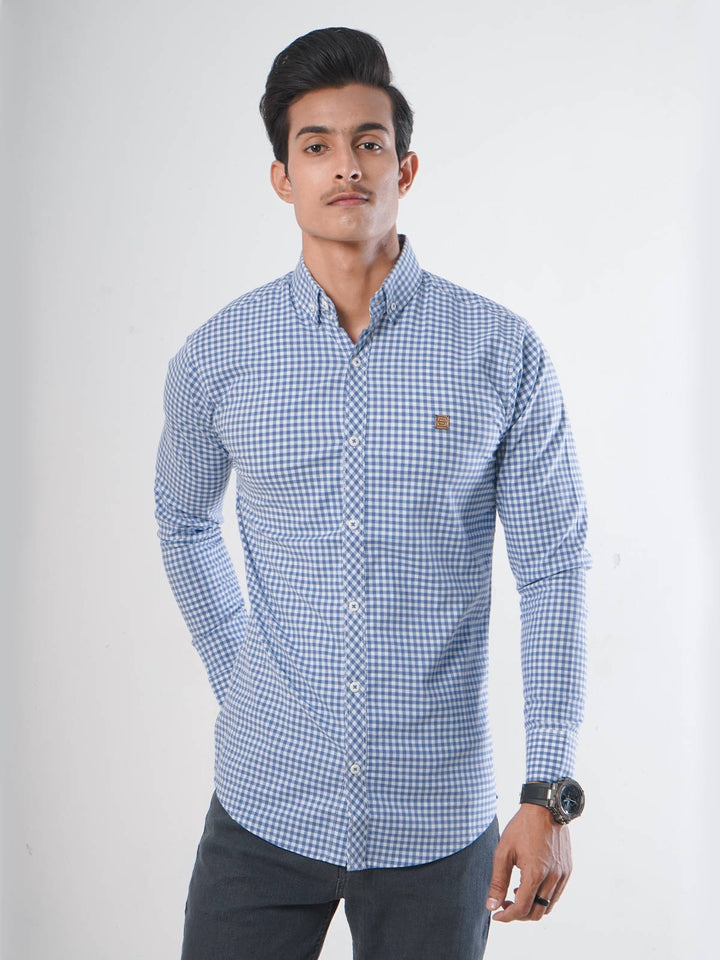 Blue & White Check Button Down Casual Shirt (CSC-036)