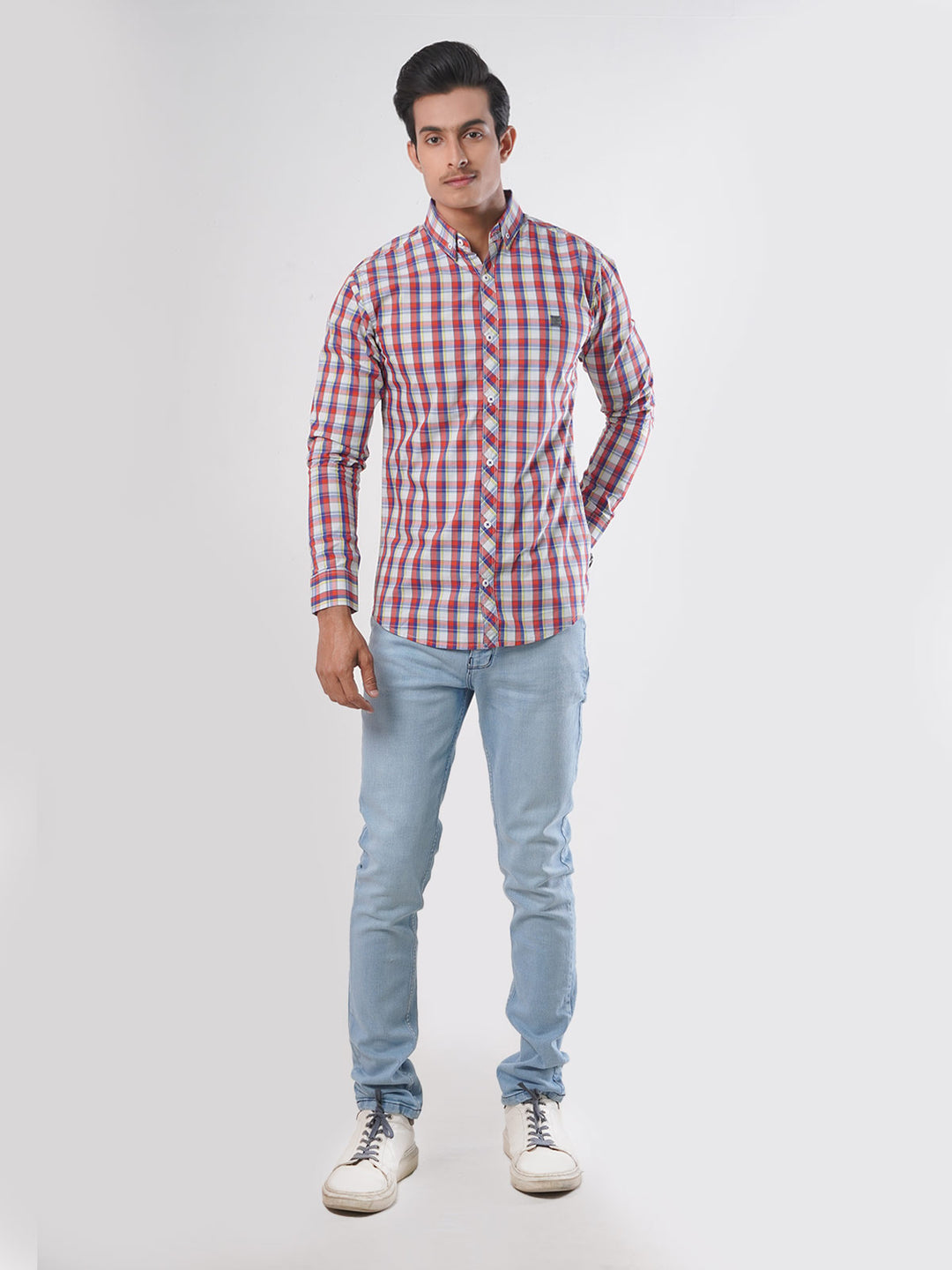 Blue & Red Check Button Down Casual Shirt (CSC-041)